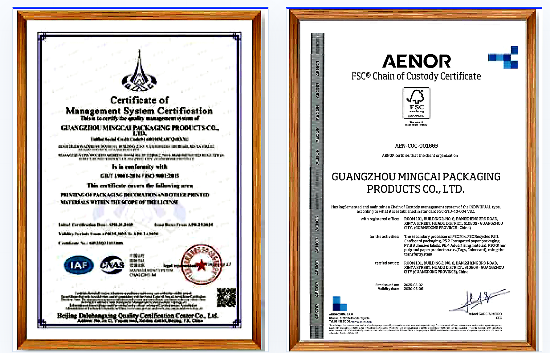 ISO and FSC qualification proof from supplier review materials